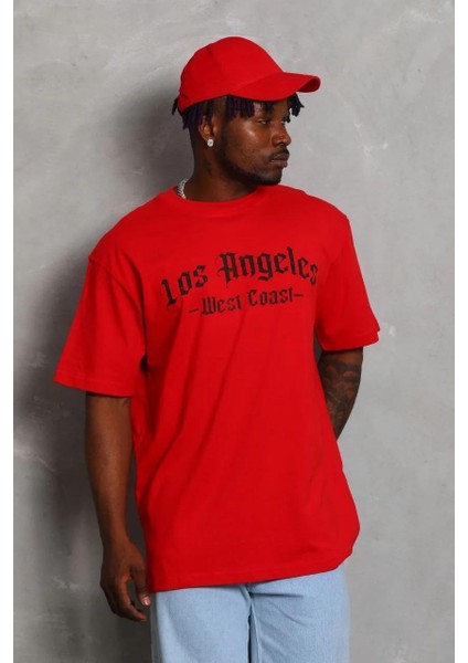 Unisex Oversize Baskılı Bisiklet Yaka T-Shirt - Kırmızı fırsatları