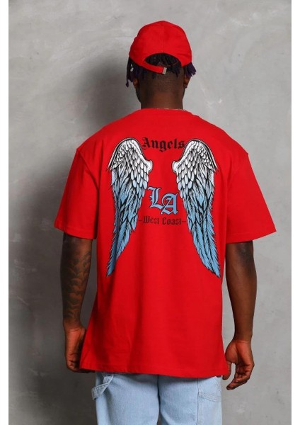 Unisex Oversize Baskılı Bisiklet Yaka T-Shirt - Kırmızı indirimleri