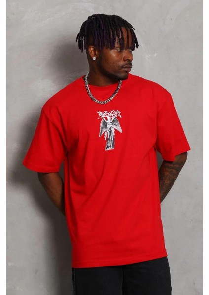 Unisex Oversize Baskılı Bisiklet Yaka T-Shirt - Kırmızı