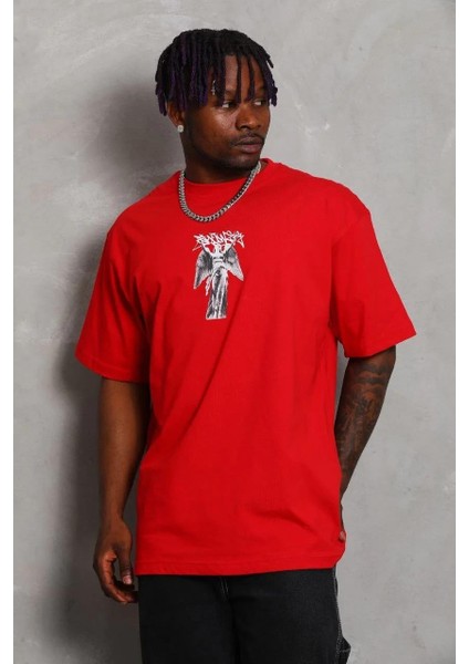 Unisex Oversize Baskılı Bisiklet Yaka T-Shirt - Kırmızı fiyatları