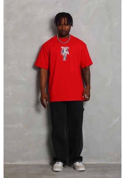 Unisex Oversize Baskılı Bisiklet Yaka T-Shirt - Kırmızı modelleri