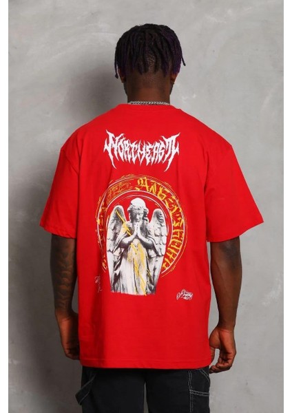 Unisex Oversize Baskılı Bisiklet Yaka T-Shirt - Kırmızı indirimleri