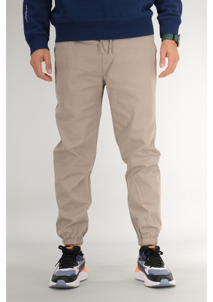 Erkek Taş Rengi Jogger Pantolon Rahat Kesim Pamuklu Lastikli Paça Ipli