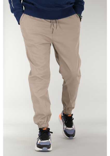 Erkek Taş Rengi Jogger Pantolon Rahat Kesim Pamuklu Lastikli Paça Ipli