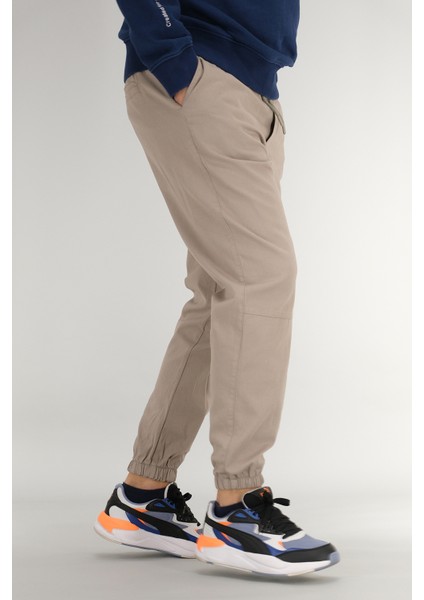 Erkek Taş Rengi Jogger Pantolon Rahat Kesim Pamuklu Lastikli Paça Ipli