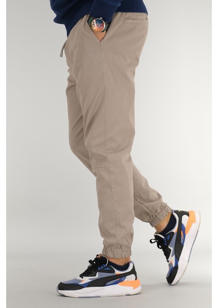 Erkek Taş Rengi Jogger Pantolon Rahat Kesim Pamuklu Lastikli Paça Ipli