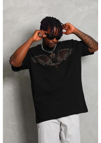 Unisex Oversize Taşlı Bisiklet Yaka T-Shirt - Siyah modelleri