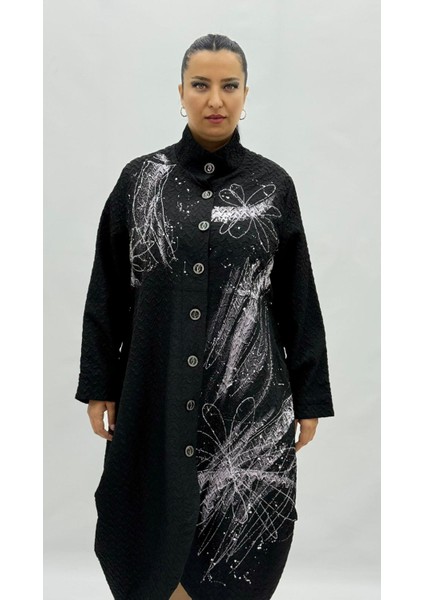 Büyük Beden Dizaltı Düğmeli Ceket Kadın Ince Pardesu Elbise