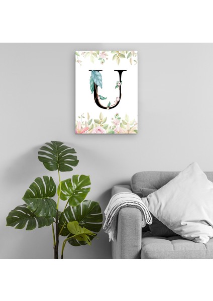 U Harfi - Çiçekli Harf Metal Tablo Model 1