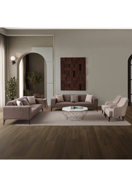 Regnar 3+3+1+1 Koltuk Takımı Sütlü Kahve + Kahverengi