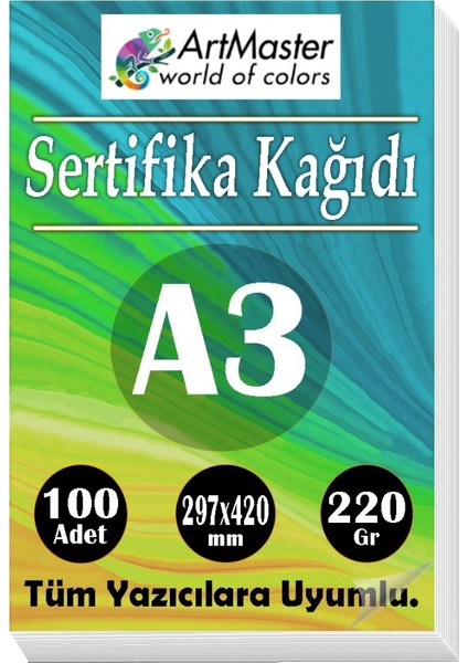 A3 Sertifika Kağıdı 100 Adet 220 Gram Kalın Fotokopi Kağıdı Tüm Yazıcılara Uyumlu 29.7X42 cm Kalın Baskı Kağıdı