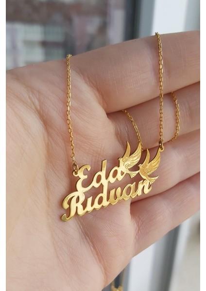 925 Ayar Gümüş 24 Ayar Altın Kaplama 2 Isimli Güvercin Figürlü Kolye