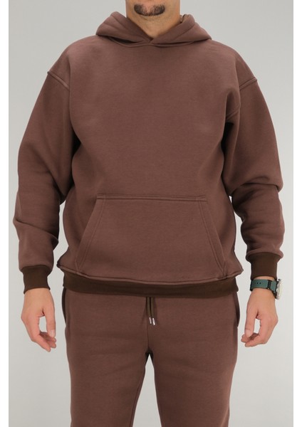 Erkek Kahverengi Oversize Kapüşonlu Sweatshirt 3 Iplik Şardonlu Kanguru Cepli