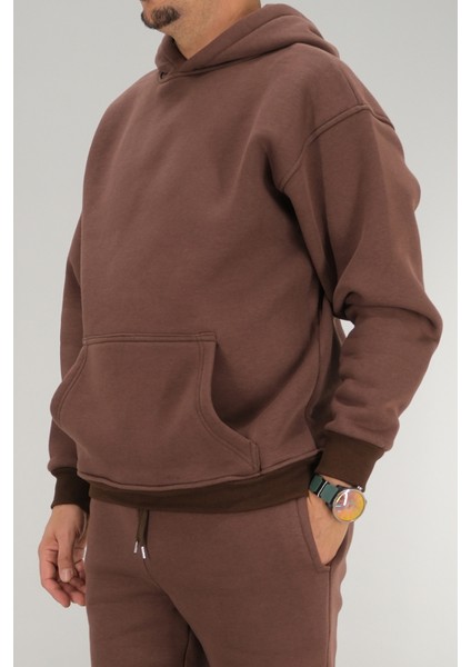 Erkek Kahverengi Oversize Kapüşonlu Sweatshirt 3 Iplik Şardonlu Kanguru Cepli modelleri