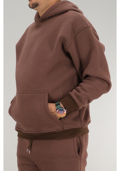 Erkek Kahverengi Oversize Kapüşonlu Sweatshirt 3 Iplik Şardonlu Kanguru Cepli