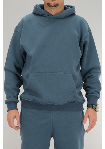 Erkek Petrol Mavisi Oversize Kapüşonlu Sweatshirt 3 Iplik Şardonlu Kanguru Cepli