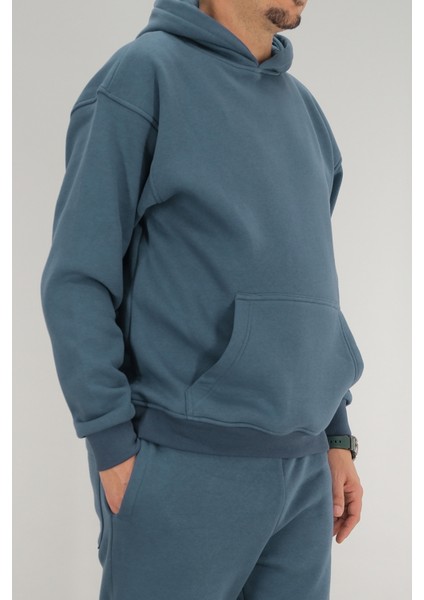 Erkek Petrol Mavisi Oversize Kapüşonlu Sweatshirt 3 Iplik Şardonlu Kanguru Cepli fiyatları