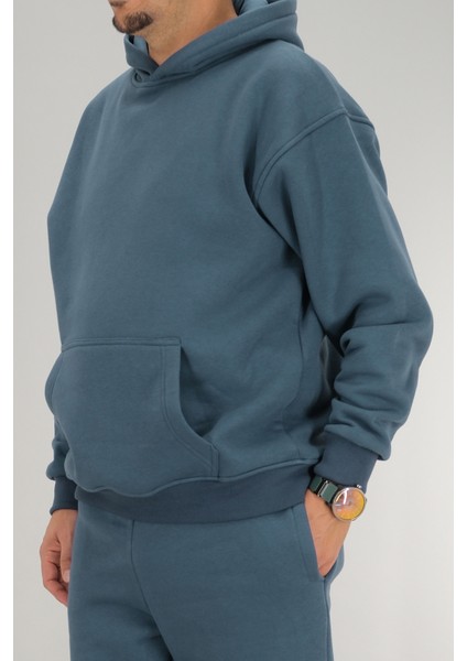 Erkek Petrol Mavisi Oversize Kapüşonlu Sweatshirt 3 Iplik Şardonlu Kanguru Cepli modelleri
