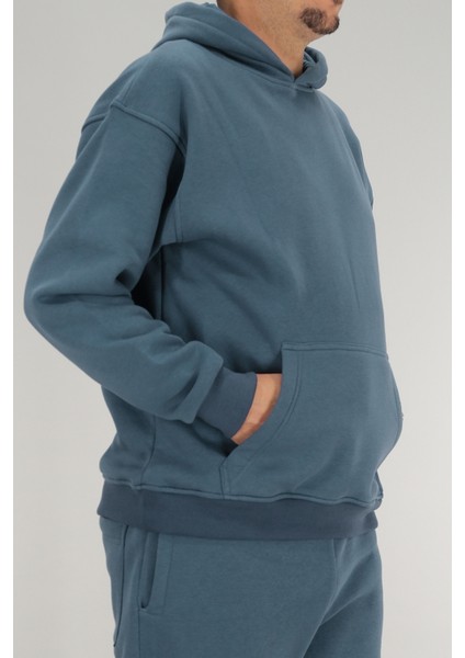 Erkek Petrol Mavisi Oversize Kapüşonlu Sweatshirt 3 Iplik Şardonlu Kanguru Cepli indirimleri