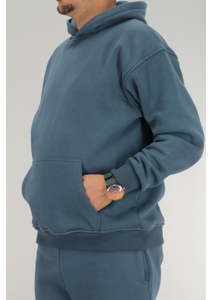 Erkek Petrol Mavisi Oversize Kapüşonlu Sweatshirt 3 Iplik Şardonlu Kanguru Cepli