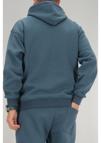 Erkek Petrol Mavisi Oversize Kapüşonlu Sweatshirt 3 Iplik Şardonlu Kanguru Cepli