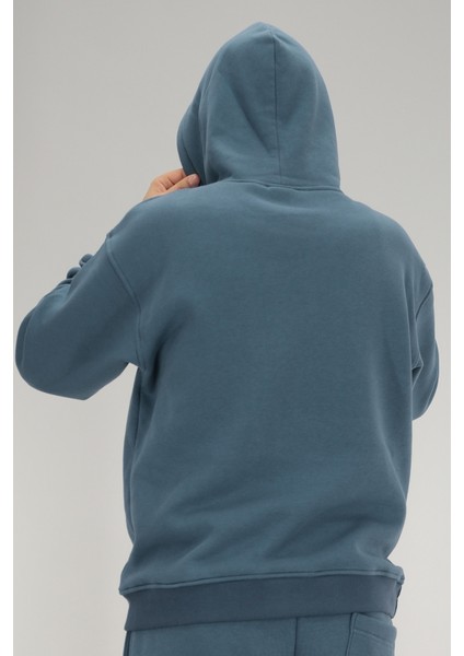 Erkek Petrol Mavisi Oversize Kapüşonlu Sweatshirt 3 Iplik Şardonlu Kanguru Cepli