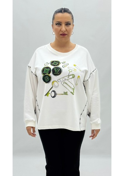 Büyük Beden Pamuklu Taşlı Uzun Kol Oversize Kadın Sweat