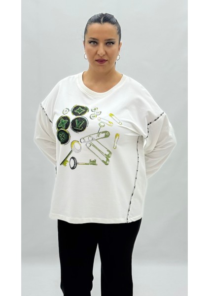 Büyük Beden Pamuklu Taşlı Uzun Kol Oversize Kadın Sweat fiyatları