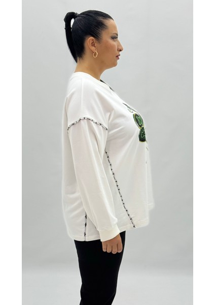 Büyük Beden Pamuklu Taşlı Uzun Kol Oversize Kadın Sweat indirimleri