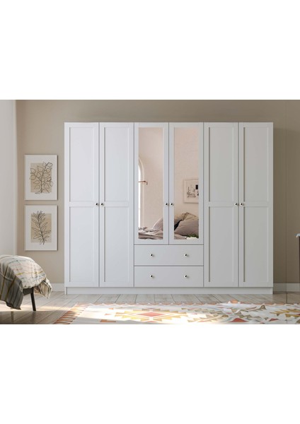 Smart 6 Kapaklı 2 Çekmeceli Beyaz Aynalı Gardırop (H 210 Cm)