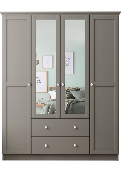 Smart 4 Kapaklı 2 Çekmeceli Antrasit Aynalı Gardırop