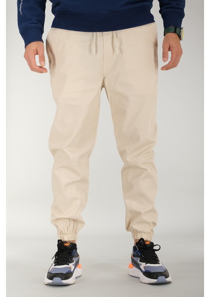Erkek Bej Jogger Pantolon Rahat Kesim Pamuklu Lastikli Paça Ipli