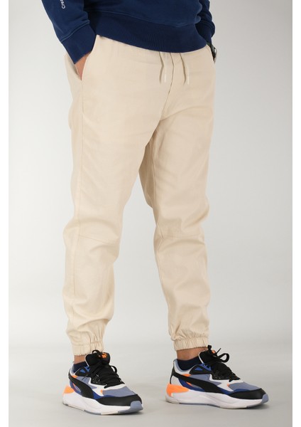 Erkek Bej Jogger Pantolon Rahat Kesim Pamuklu Lastikli Paça Ipli fiyatları