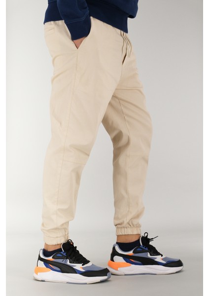 Erkek Bej Jogger Pantolon Rahat Kesim Pamuklu Lastikli Paça Ipli