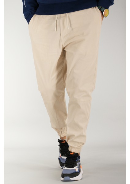 Erkek Bej Jogger Pantolon Rahat Kesim Pamuklu Lastikli Paça Ipli