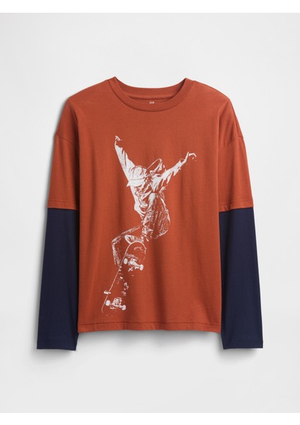 Erkek Çocuk Kırmızı Relaxed Grafik Baskılı T-Shirt