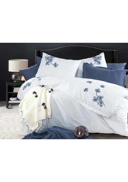 Brode Flower Çift Kişilik %100 Pamuk Nevresim Seti Beyaz