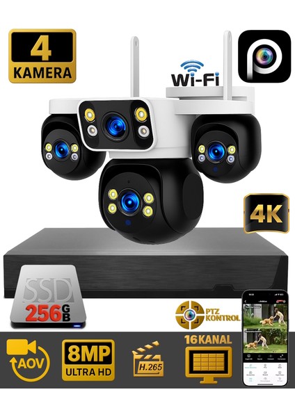 HiEasy 4 Kameralı 8MP NVR Güvenlik Seti (256GB SSD Dahil) – 4K AOV PTZ Kontrol H.265+ 7/24 Kayıt