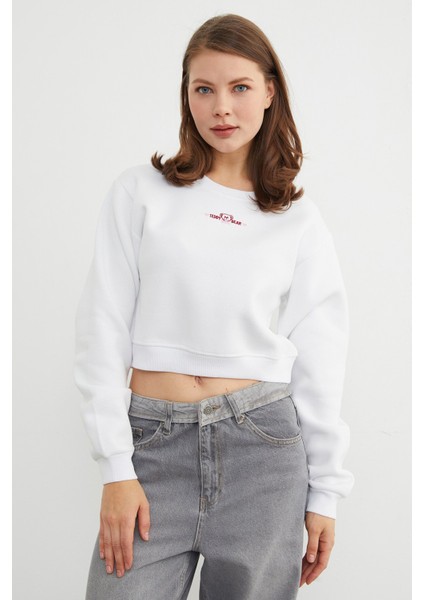 3 Iplik Ayıcık Nakışlı Crop Sweatshirt