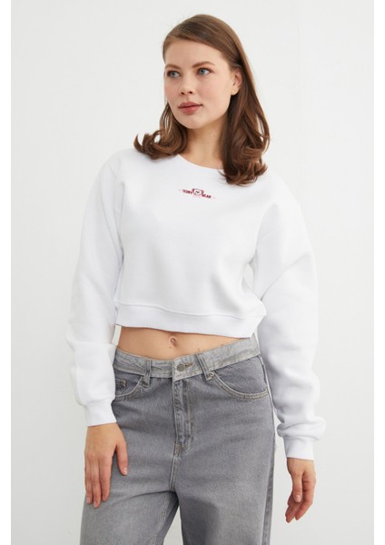 3 Iplik Ayıcık Nakışlı Crop Sweatshirt modelleri