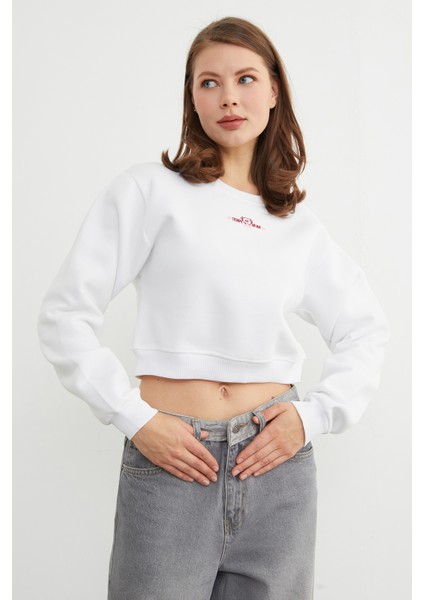 3 Iplik Ayıcık Nakışlı Crop Sweatshirt fırsatları