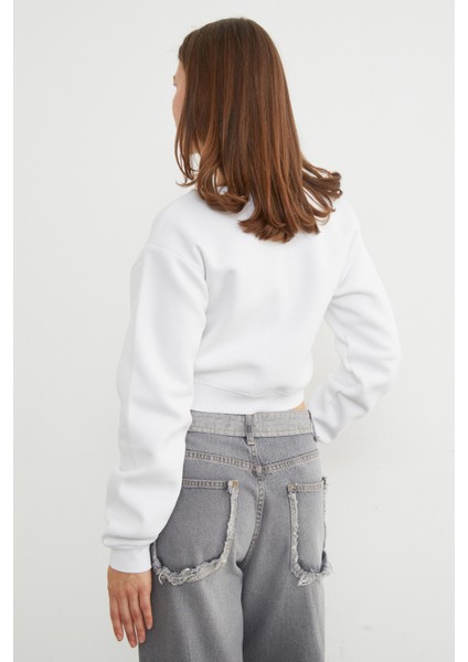 3 Iplik Ayıcık Nakışlı Crop Sweatshirt