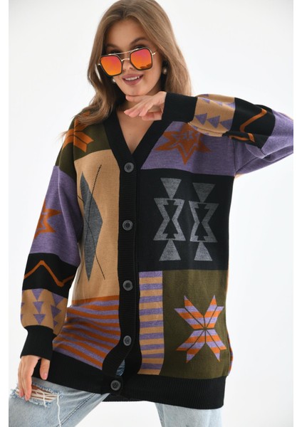 Women Ftz Women Kadın Etnik Desen Hırka Siyah 21-6313