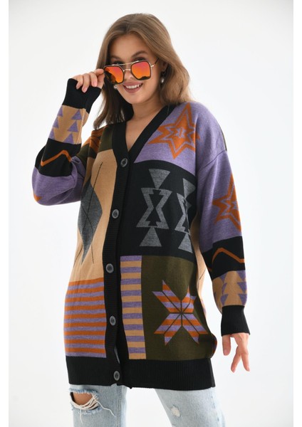 Women Ftz Women Kadın Etnik Desen Hırka Siyah 21-6313