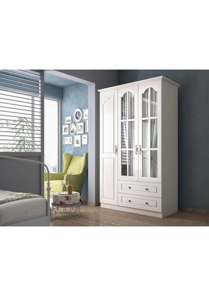 Venita Camlı 3 Kapaklı 2 Çekmeceli Gardırop