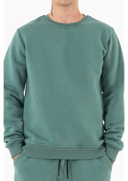 Erkek Mint Sweatshirt Bisiklet Yaka Rahat Kalıp 3 Iplik Şardonlu Nakışlı