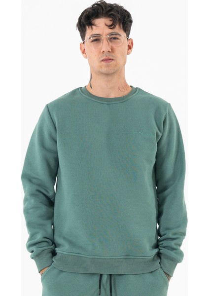 Erkek Mint Sweatshirt Bisiklet Yaka Rahat Kalıp 3 Iplik Şardonlu Nakışlı indirimleri