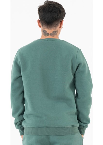 Erkek Mint Sweatshirt Bisiklet Yaka Rahat Kalıp 3 Iplik Şardonlu Nakışlı