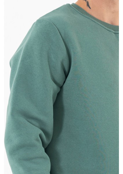 Erkek Mint Sweatshirt Bisiklet Yaka Rahat Kalıp 3 Iplik Şardonlu Nakışlı