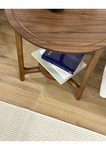 Addis Yuvarlak Raflı Yan Sehpa - Ceviz indirimleri